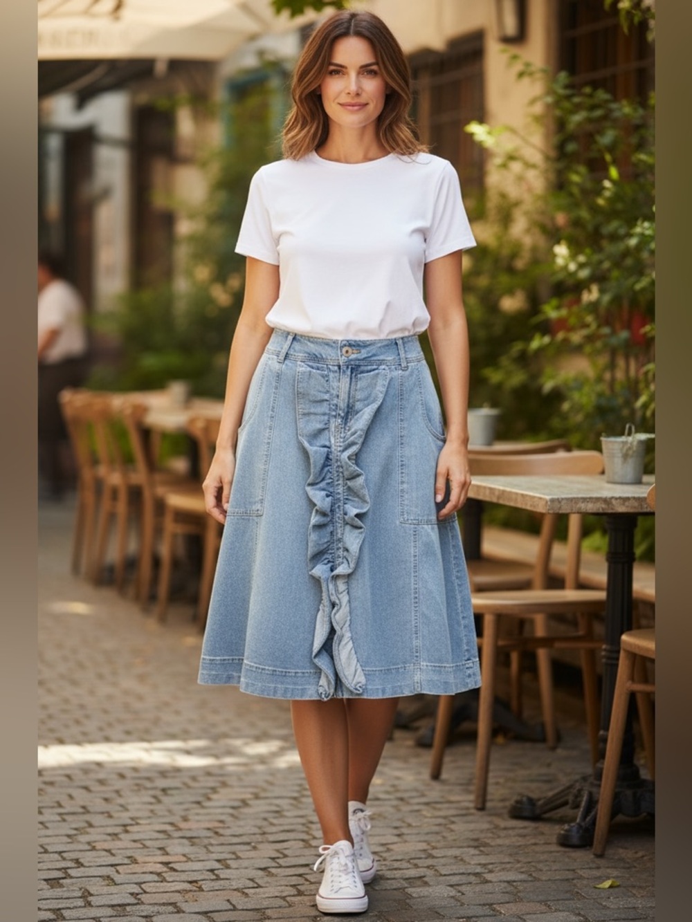 Ashley Stewart Light Blue Denim Ruffle-Front Midi Skirt - Picture 2 of 2